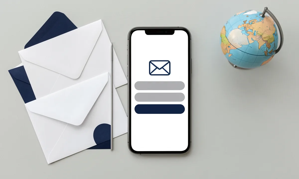 Illustration: a phone showing a sign-in screen with an envelope icon, beside paper envelopes and a small globe