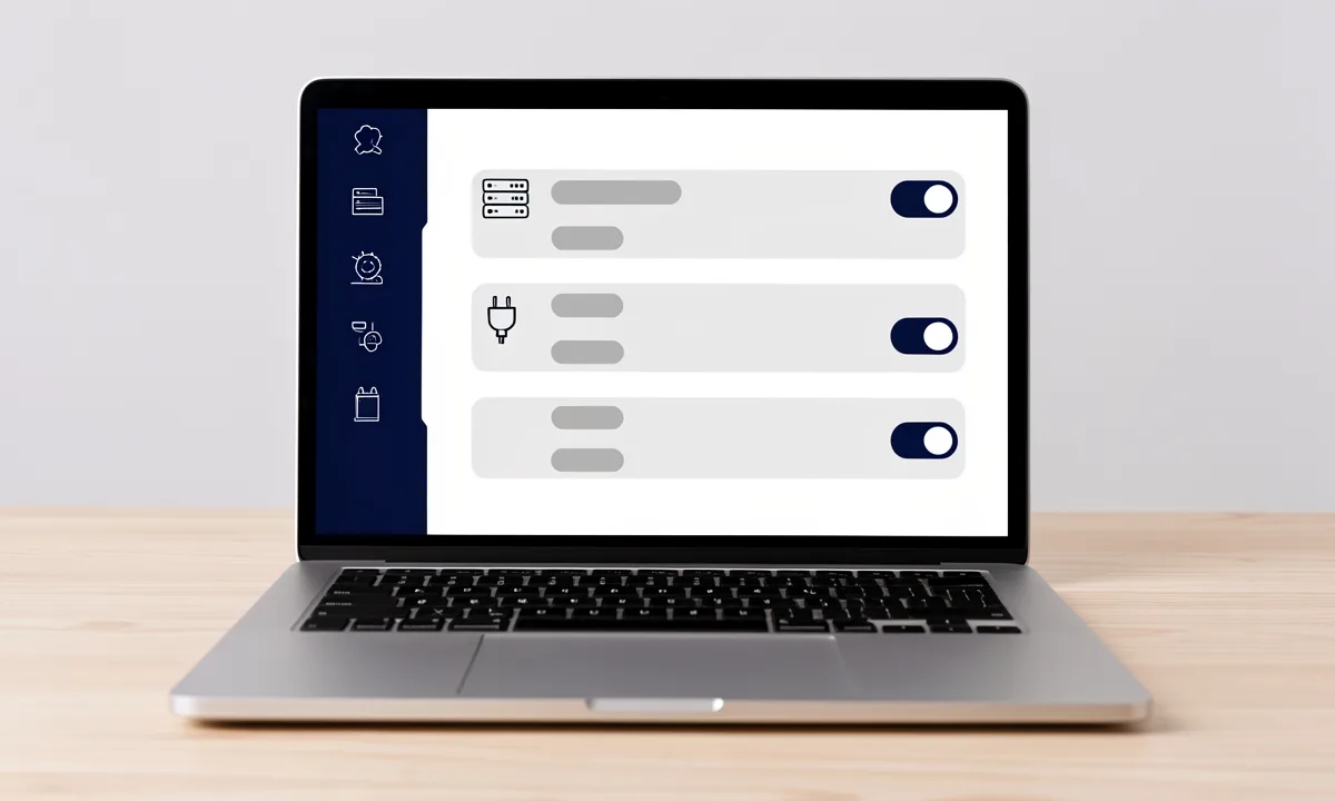 Illustration: a settings panel on a laptop with a server icon, a plug icon and three switches turned on