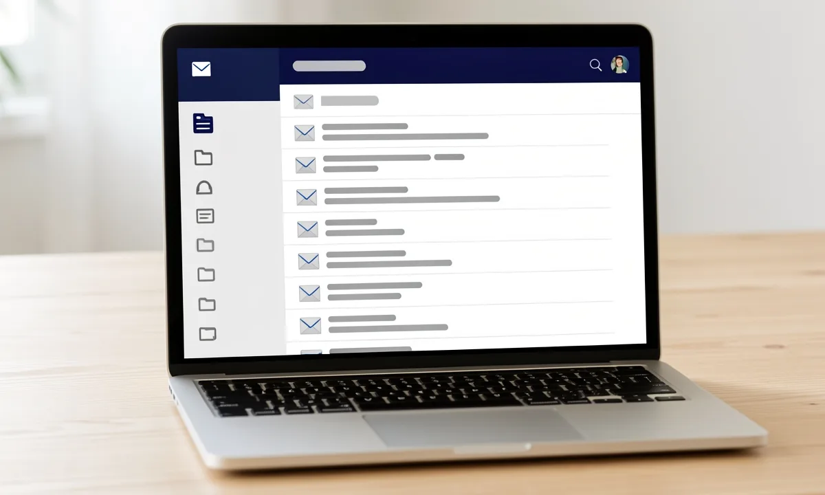 Illustration: a webmail inbox on a laptop with a folder sidebar and a list of messages drawn as grey bars